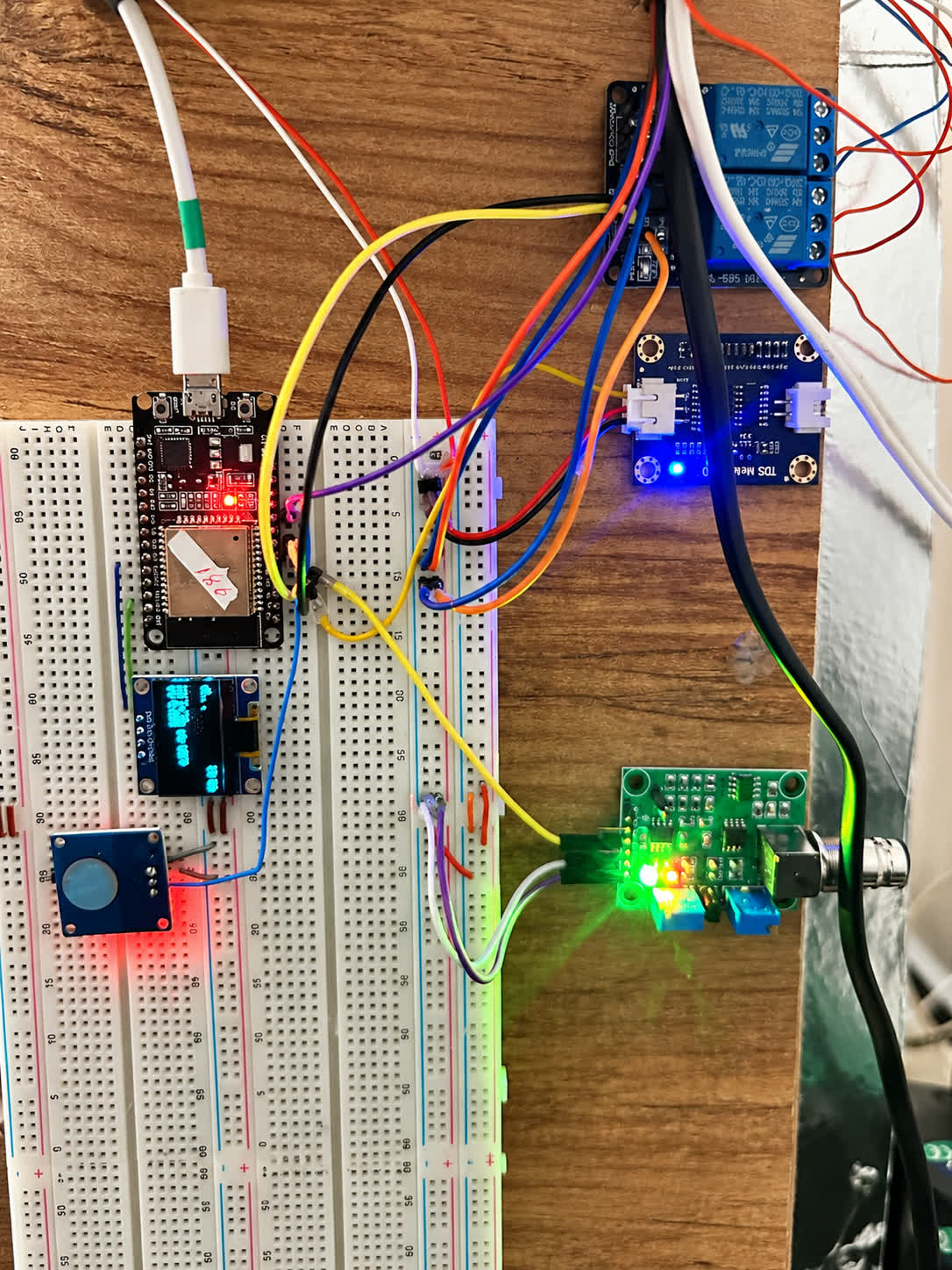 GrowBox prototype electronics with ESP32, relays and sensors